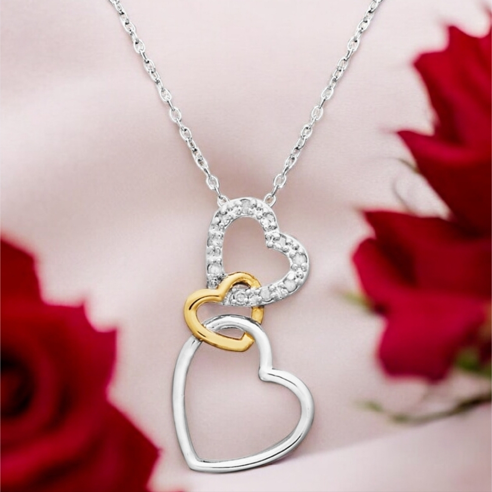 NIB Elegant Three Heart Silver & Gold Necklace 18K Gold Over Sterling Silver